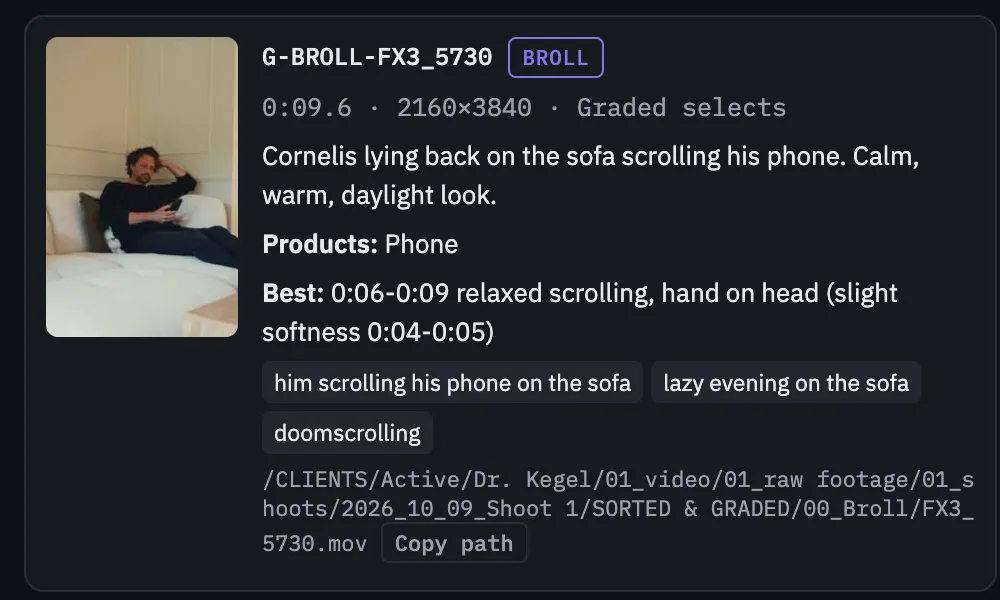 A tagged b-roll clip with description, products, best moment and transcript