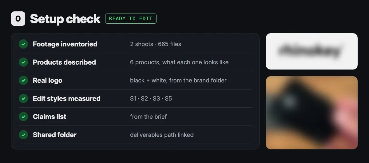 Setup check for a brand: footage, products, logo, styles, claims and folder ready